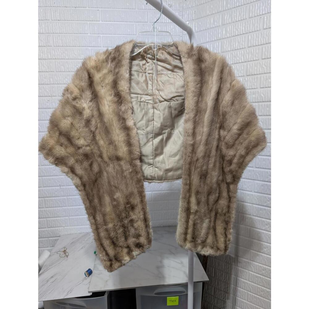 Vintage Light Brown Mink Fur Stole Shawl with Satin Lining